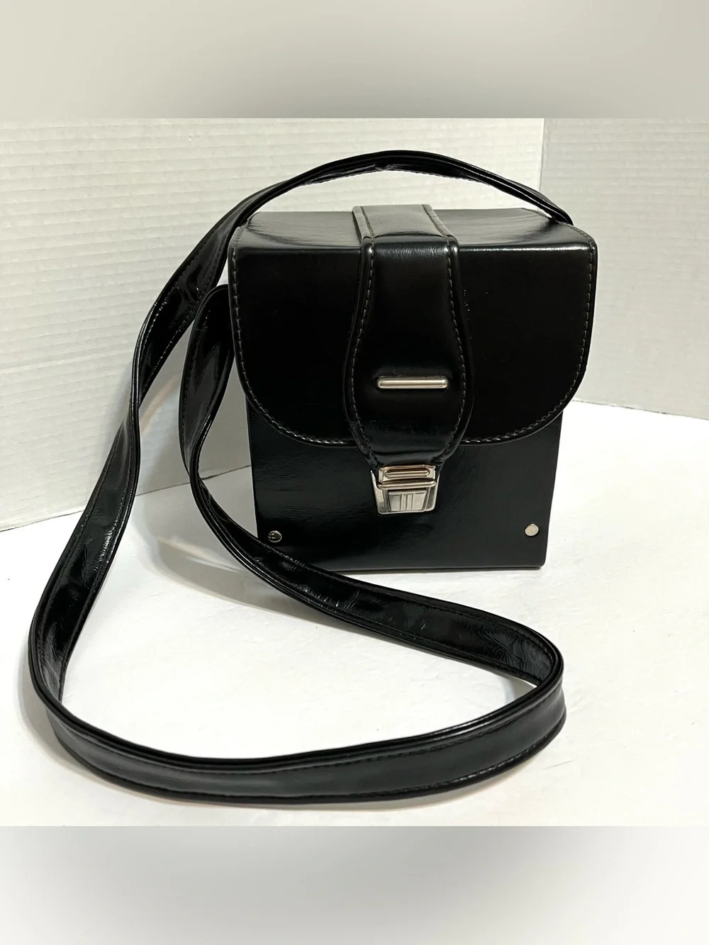 Vintage Black Leather Cube Hard Camera Case Bag Shoulder Strap